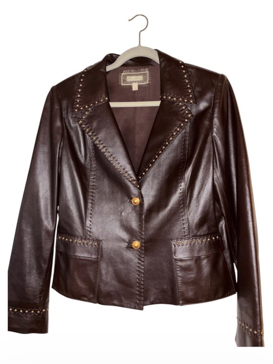 St. John Jackets & Blazers - Like NEW Vintage ST. JOHN Lamb Leather Gold Studded Brown Double Front Button 12